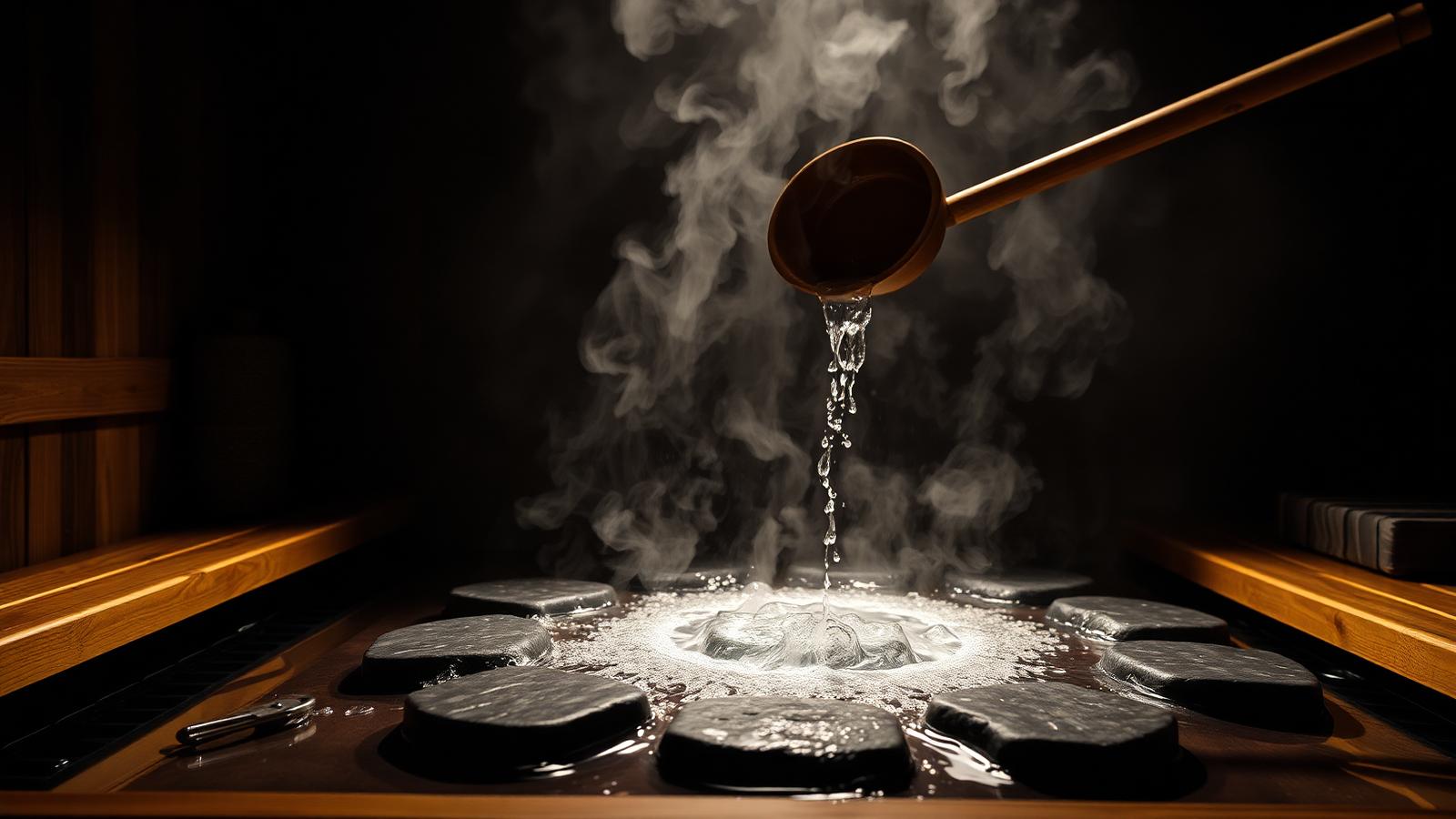 Water poured over hot sauna stones, a burst of steam rising — the unit-dose of the Finnish bathing tradition.