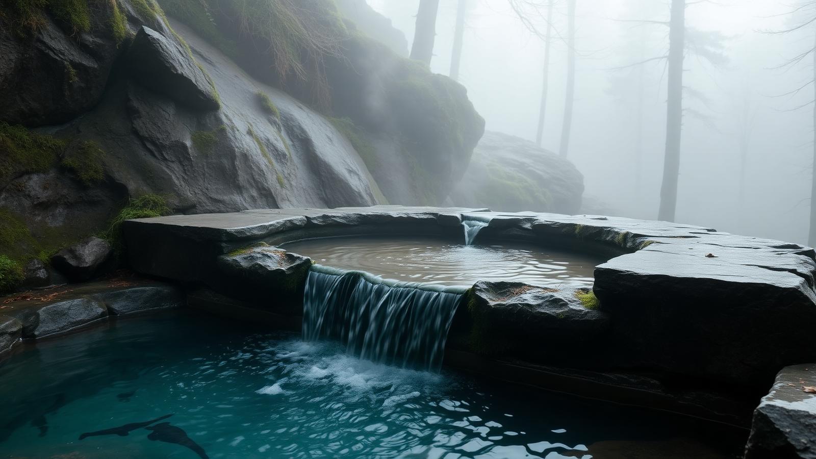 Cold plunge basin fed by a small waterfall, set in a misty stone-and-moss forest setting.