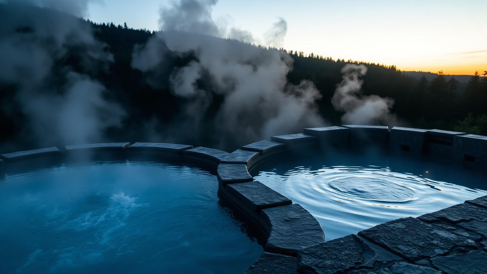 Steaming hot pool beside a still cold basin at dusk — the architecture of contrast bathing.