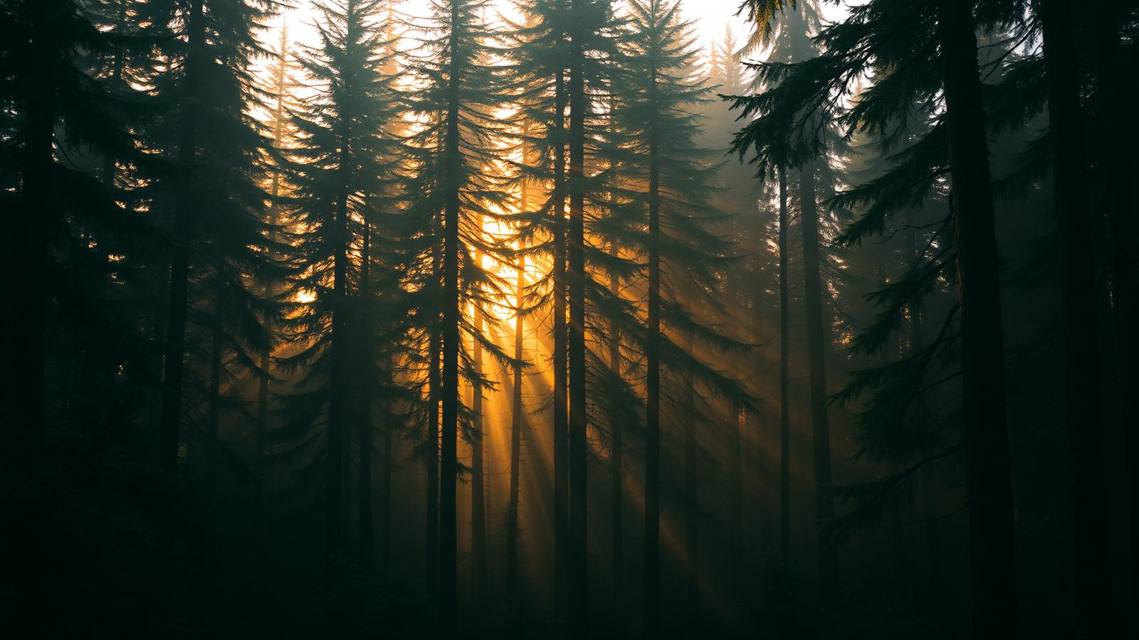 Sun rays piercing a misty Pacific Northwest evergreen forest at dawn — the visual analogue of parasympathetic calm.