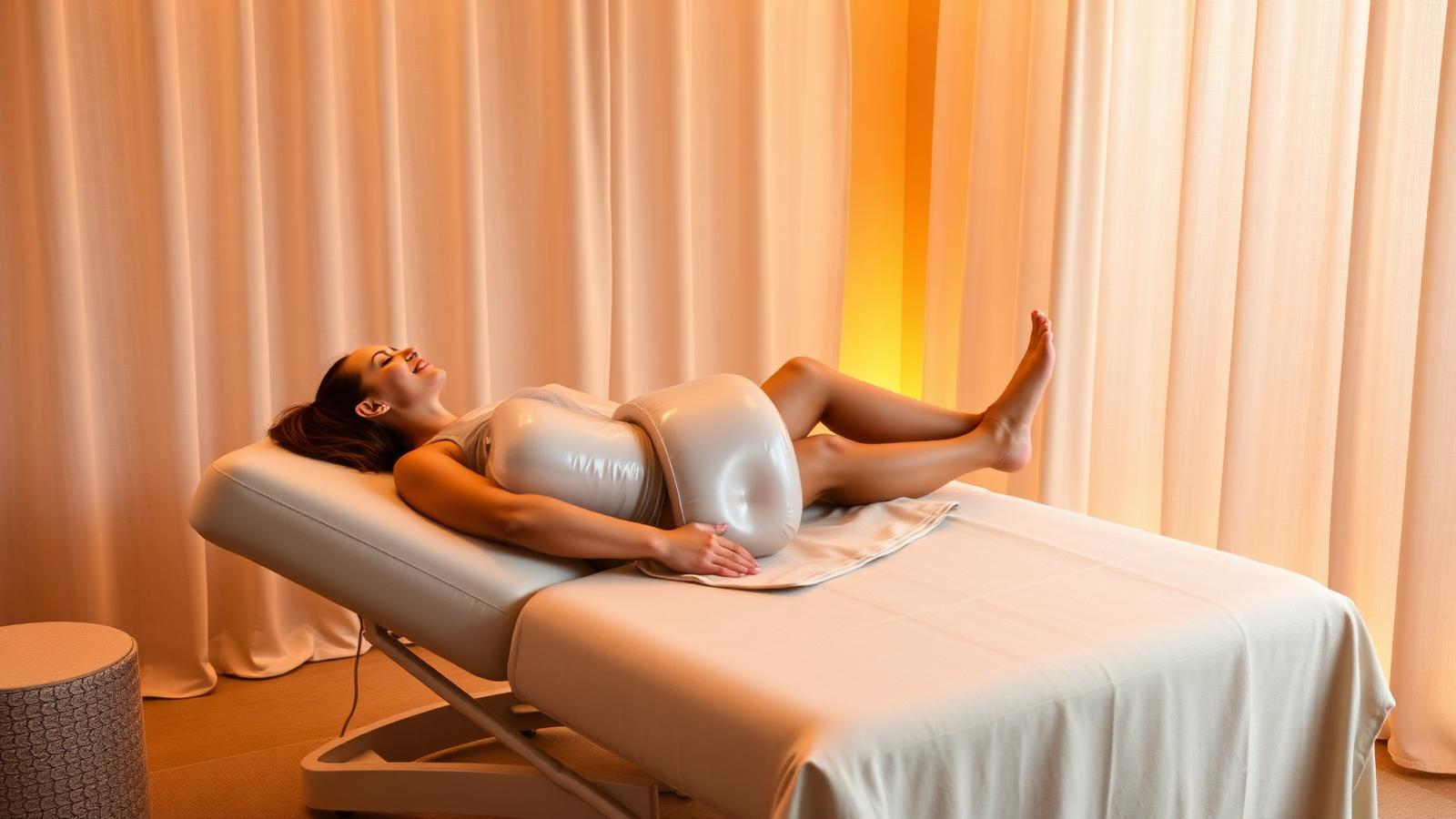 A wellness-room recliner with sequential pneumatic compression leg garments, soft amber light through linen drapery.