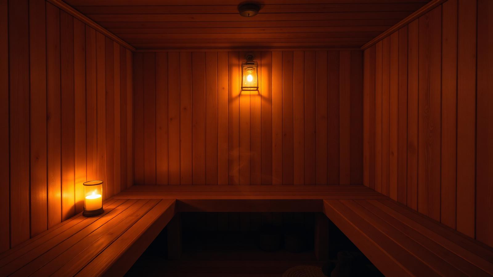 Interior of a traditional cedar-paneled Finnish sauna lit by a single warm lantern.