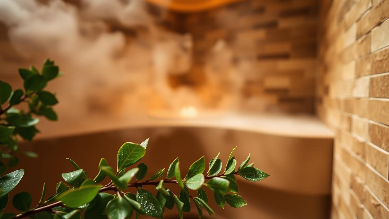 Eucalyptus branches in the foreground of a softly lit, vapor-filled steam room.